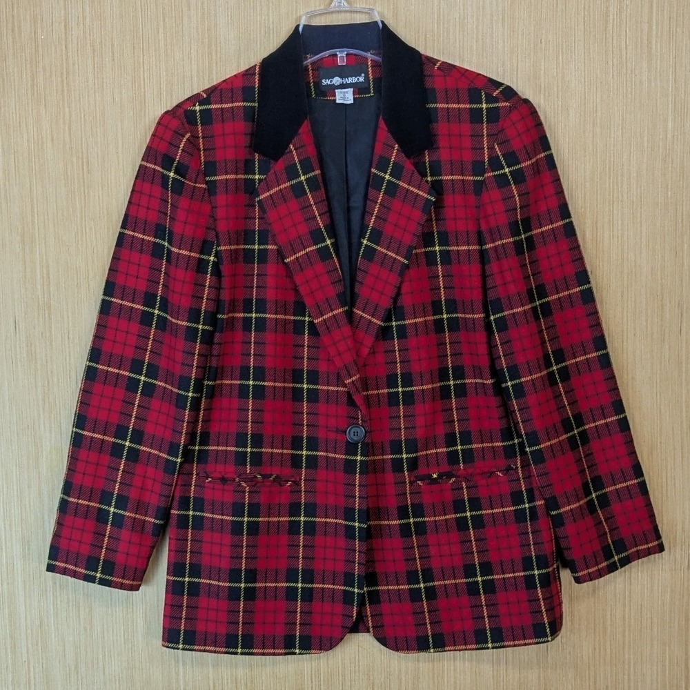 Sag Harbor Womens Red Plaid Wool Blend Blazer Jacket 8 Vintage Preppy Academia